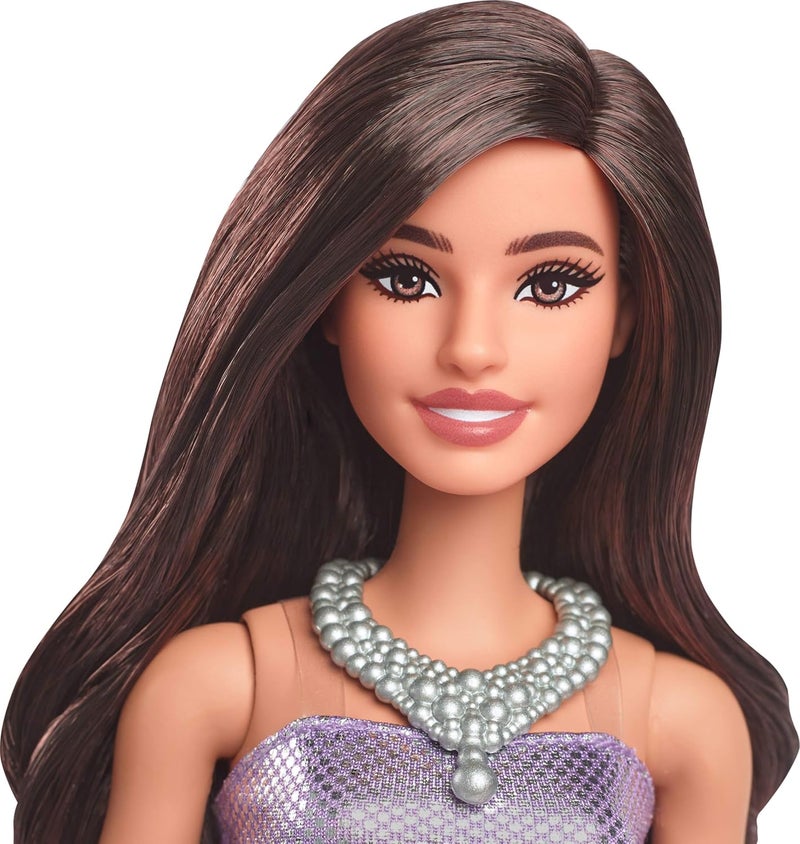 Barbie ​Barbie Fashionistas Doll #234 with Brown Hair, Wearing Sequined Purple Bubble Dress with Satiny Skirt, Silvery Necklace and Heels - Image 2
